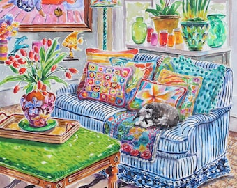 The Siesta, An Original Miniature Schnauzer Interior Scenery Watercolor Painting