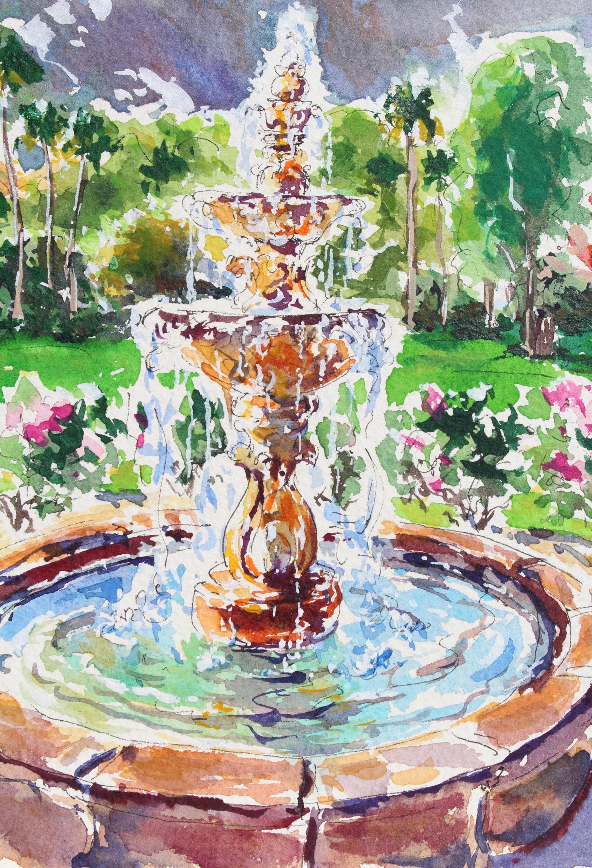 絵画 water fountain Saturday in the Park, an Original Watercolor Painting of A Water
