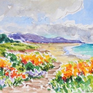 Fiori selvatici, Carmel, California, dipinto ad acquerello originale
