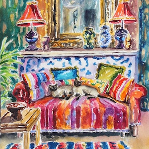 Siamkatze In Siam, eine originale Aquarellmalerei von 2 Siamkatzen in einer farbenfrohen Innenlandschaft