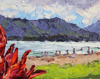 Nawiliwili Bay, Kauai,Hawaii, An original 6" x 8" hawaiian seascape oil painting of Kauai with red ti leaves and a beach with people on it