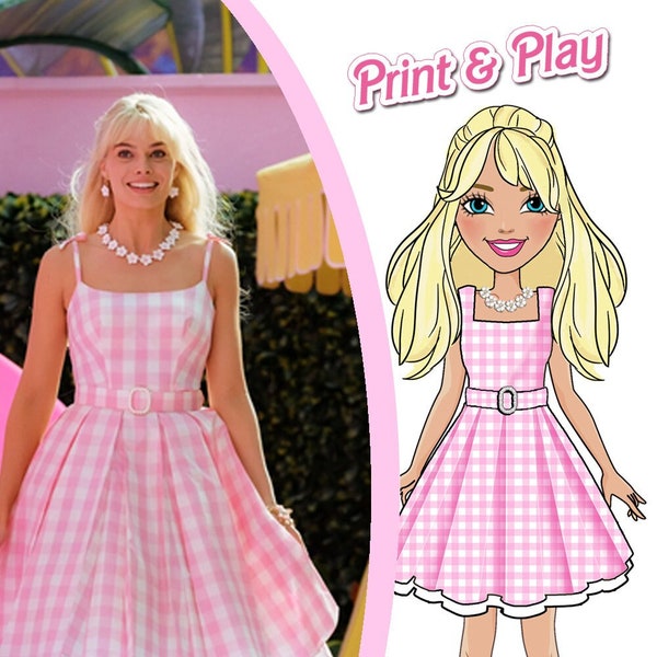 Printable Barbie Paper Doll Dress Up Barbie Movie Outfits Barbie Paper Doll Dress up Pink Plaid dress Barbie Margot Robbie Outfits