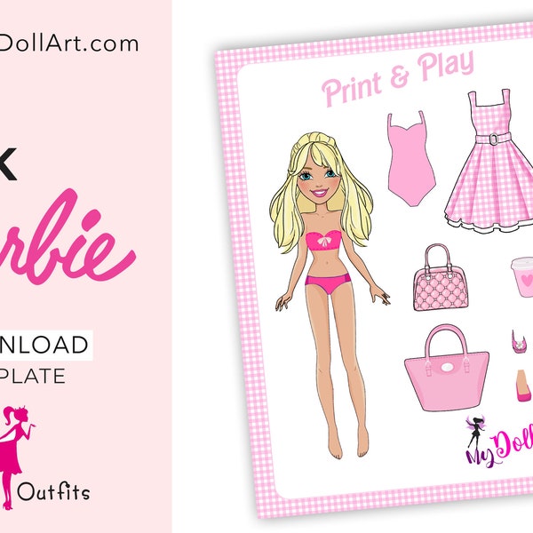 Barbie Margot Robbie Outfits Printable Barbie Paper Doll Dress Up Barbie Movie Outfits Barbie Paper Doll Dress up Pink Plaid dress