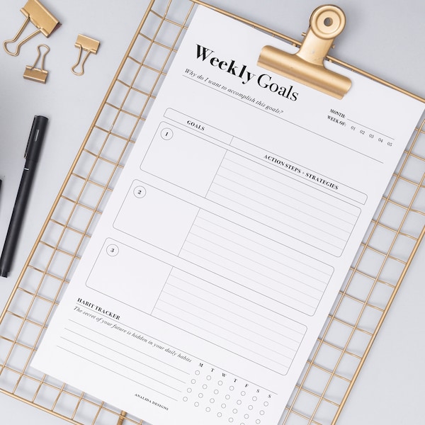 Goal Planner, Goal Setting Printable, Goal Journal, Weekly Habit Tracker, Includes US Letter, A4, A5 planner inserts