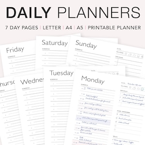 Printable 7 Day Planner, Daily Planners and Organizer, Undated Daily Schedule, To-Do List, PDF Instant Download, Digital Planner, A5 Filofax