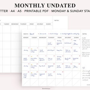 May include: A white undated monthly planner with a grid layout, featuring sections for each day of the week and a notes section. The planner includes the text "MONTHLY UNDATED" and "PRINTABLE PDF".