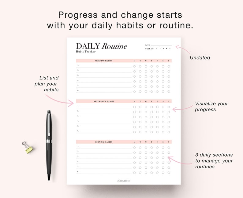 Habit Tracker Printable, Weekly Habit Tracker, Daily Planning, Routine Planner, Routine Checklist, includes US Letter, A4 & A5 Inserts image 2