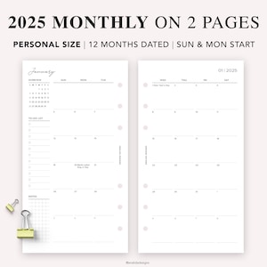 PERSONAL 2025 Dated Monthly Calendar Printable Planner, Month on Two Pages, Monthly Calendar, Sunday & Monday Start, Filofax Personal, PDF