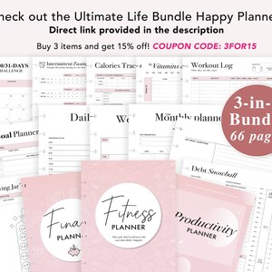 May include: A pink and white Happy Planner bundle with 66 pages. The bundle includes a fitness planner, a productivity planner, and a goal planner. The planner pages are filled with different sections for tracking workouts, goals, and finances. The bundle is available for purchase with a 15% discount using the code 3FOR15.