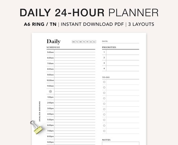 A6 24 Hour Daily Planner Printable Hourly Planner Military | Etsy
