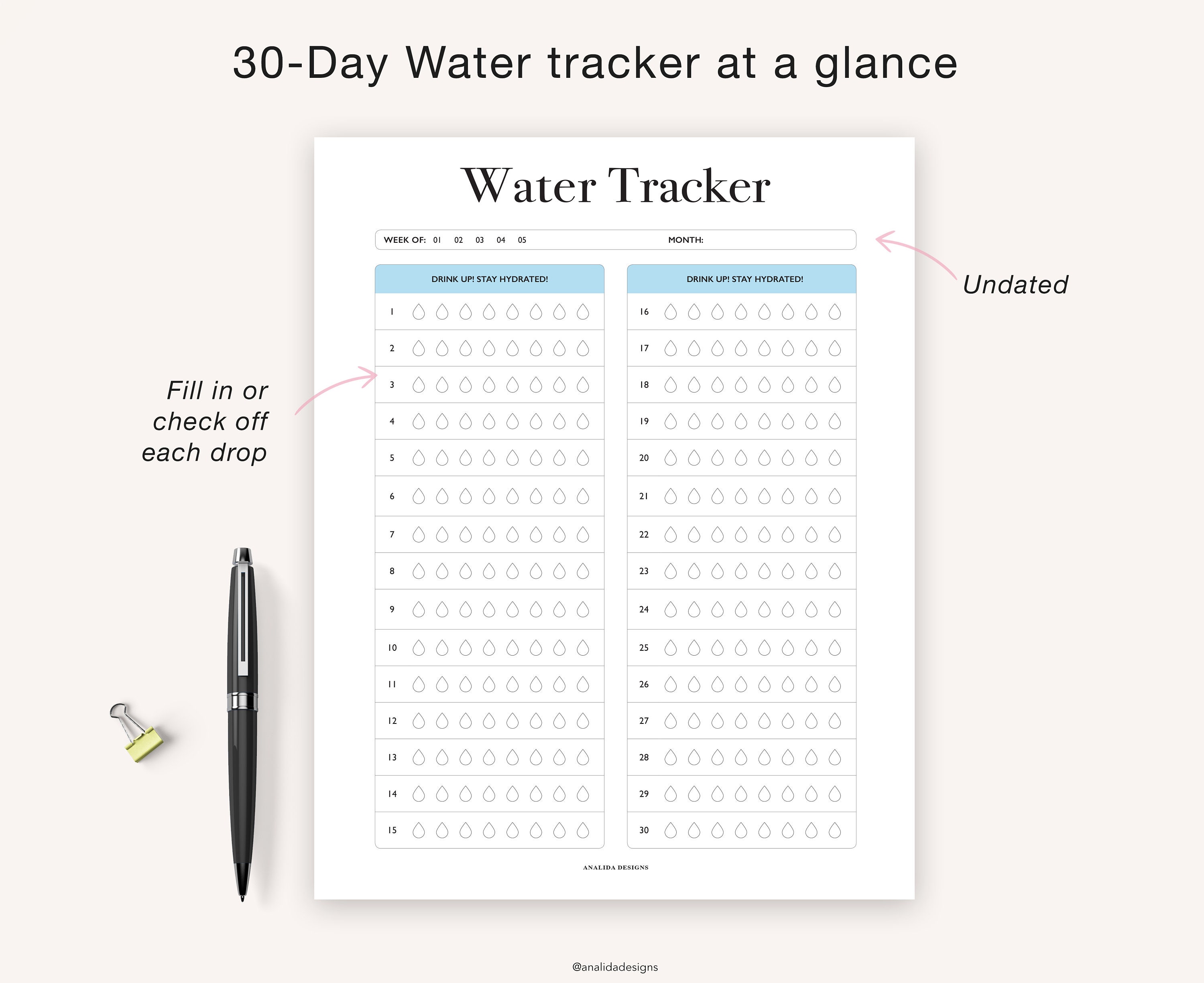 Water Tracker 30 Day Water Challenge Printable Water Intake | Etsy