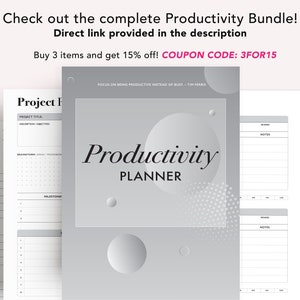 May include: A gray and white productivity planner with the text "Productivity Planner" and "Focus on being productive instead of busy - Tim Ferris".