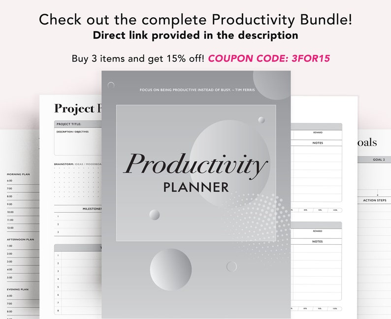 May include: A gray and white productivity planner with the text "Productivity Planner" and "Focus on being productive instead of busy - Tim Ferris".