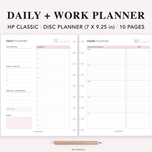 May include: A printable daily and work planner template for a disc planner. The planner is designed for a 7 by 9.25 inch disc planner and includes 10 pages. The daily planner section includes space for top priorities, a schedule, tasks, a to-do list, meetings and appointments, water intake tracking, and notes. The work planner section includes space for an overview and schedule, and tasks.