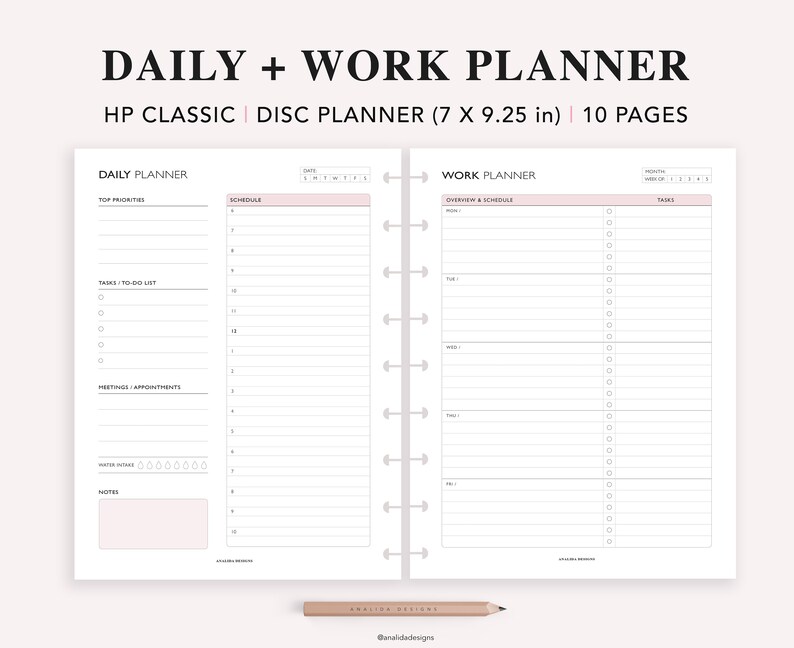 May include: A printable daily and work planner template for a disc planner. The planner is designed for a 7 by 9.25 inch disc planner and includes 10 pages. The daily planner section includes space for top priorities, a schedule, tasks, a to-do list, meetings and appointments, water intake tracking, and notes. The work planner section includes space for an overview and schedule, and tasks.