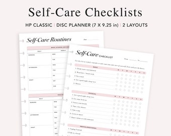 May include: Two printable self-care checklists for a disc planner. The checklists are designed for a Happy Planner Classic size planner (7 x 9.25 inches). The checklists include sections for basic hygiene, physical health, and mental/emotional well-being.