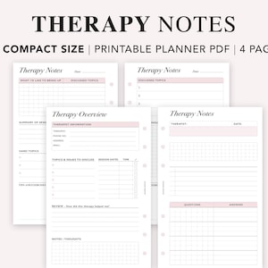 May include: Printable therapy notes planner with four pages. The planner includes sections for therapy session summaries, therapist information, topics to discuss, questions and answers, and notes.