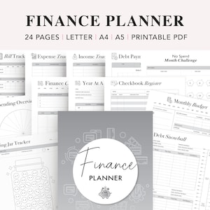 May include: A black and white printable finance planner with 24 pages. The planner includes sections for tracking bills, expenses, income, debt payments, spending overview, a savings jar tracker, a year at a glance, a checkbook register, a monthly budget, and a debt snowball.