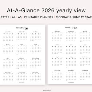 May include: A printable 2026 yearly calendar planner with a black and white design. The calendar is divided into 12 months, with each month displayed in a separate box. The calendar is designed to start on Monday and Sunday.