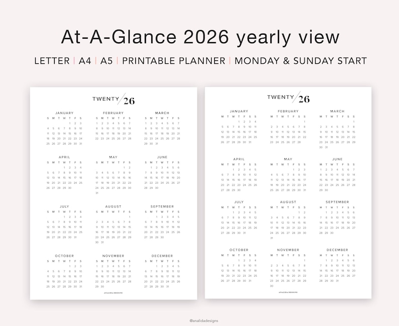 May include: A printable 2026 yearly calendar planner with a black and white design. The calendar is divided into 12 months, with each month displayed in a separate box. The calendar is designed to start on Monday and Sunday.