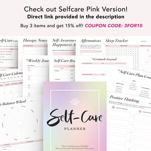 May include: A pink and white printable self-care planner with a variety of worksheets, including a sleep tracker, gratitude journal, self-care routine, weekly journal, and life balance wheel. The planner also includes a self-care plan goals worksheet and a positive thinking worksheet. The text "Self-Care Planner" is written in a pink and white font on the cover.