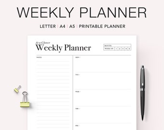 Undated Weekly Planner, Printable Weekly Planner, Minimalist Planner, Weekly Task, Work Planner, Week at a Glance, A5 planner inserts