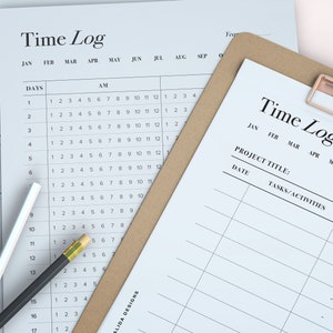 May include: A white and brown clipboard with a time log sheet. The sheet has columns for project title, date, tasks/activities, and start/end times. The sheet also has rows for each month of the year, from January to June.