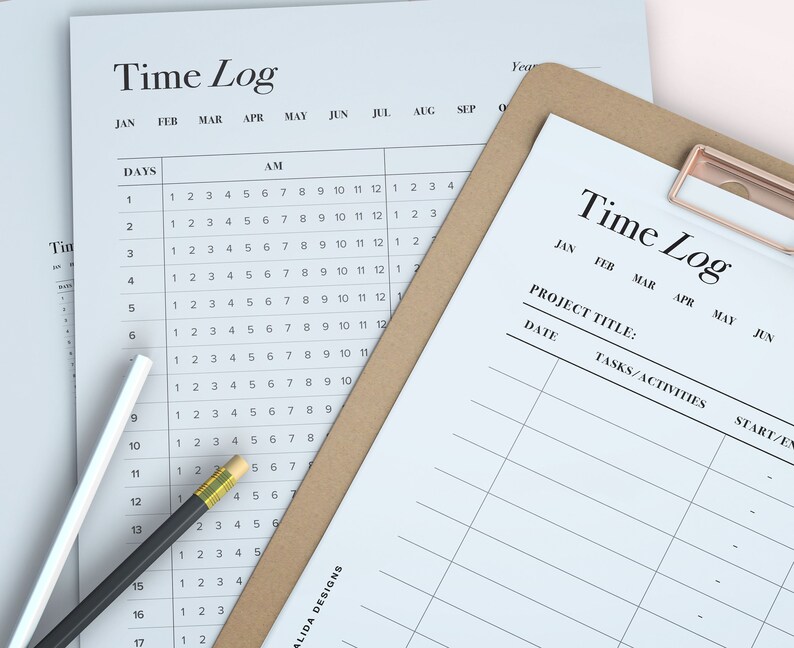 May include: A white and brown clipboard with a time log sheet. The sheet has columns for project title, date, tasks/activities, and start/end times. The sheet also has rows for each month of the year, from January to June.