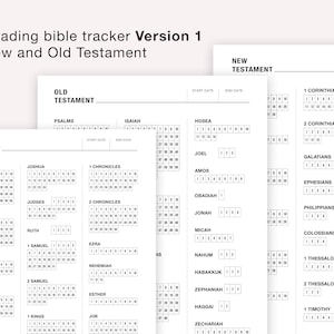 May include: A printable Bible reading tracker with a black and white design. The tracker is divided into two sections: Old Testament and New Testament. Each section lists the books of the Bible and provides a grid for tracking reading progress.