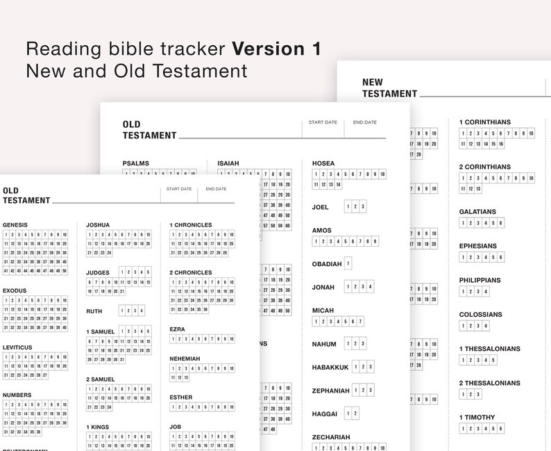 May include: A printable Bible reading tracker with a black and white design. The tracker is divided into two sections: Old Testament and New Testament. Each section lists the books of the Bible and provides a grid for tracking reading progress.