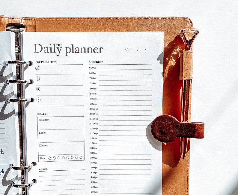 May include: A brown leather daily planner with a white page open to a schedule and meal planning section. The planner has a ring binder and a pen holder with a gold pen.