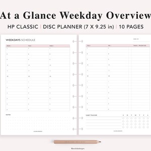 May include: A black and white printable planner page for a 7 by 9.25 inch disc planner. The page is titled "Weekday Schedule" and includes a weekly schedule for Monday through Friday, a section for notes, and a habit tracker.