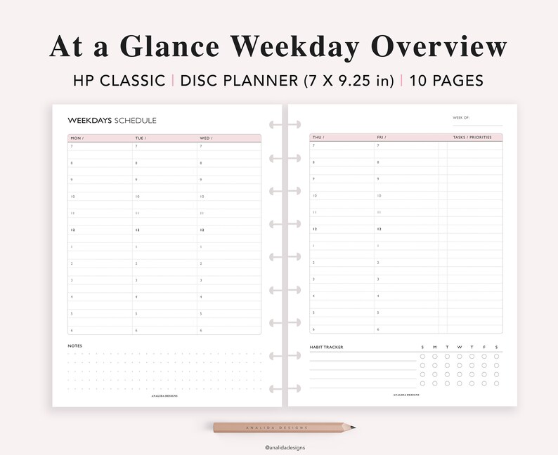 May include: A black and white printable planner page for a 7 by 9.25 inch disc planner. The page is titled "Weekday Schedule" and includes a weekly schedule for Monday through Friday, a section for notes, and a habit tracker.