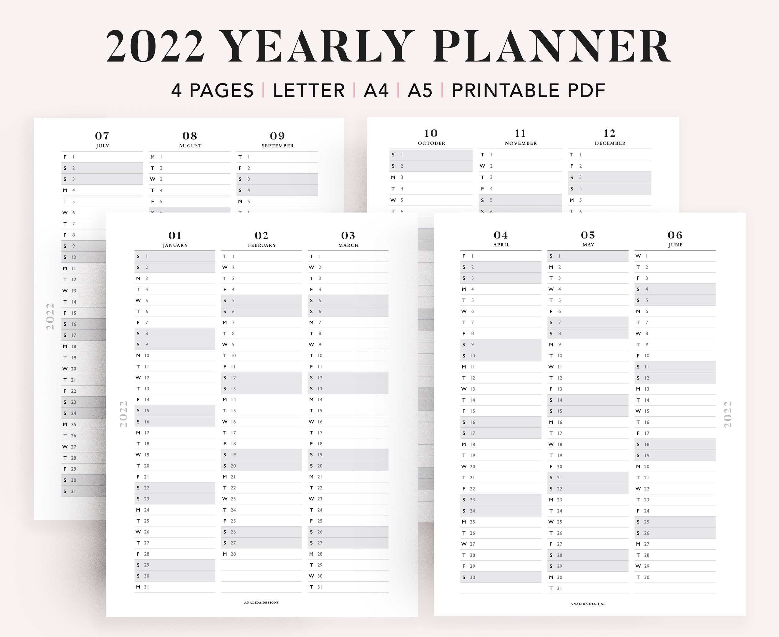 2022 year calendar printable yearly overview year at a etsy