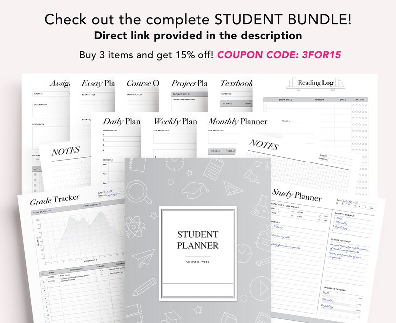 Puede incluir: Un conjunto de p&aacute;ginas de planificador estudiantil imprimibles en blanco y negro. Las p&aacute;ginas incluyen un rastreador de calificaciones, planificadores diarios, semanales y mensuales, p&aacute;ginas de planificaci&oacute;n de tareas, ensayos, cursos y proyectos, un registro de lectura y un planificador de estudios. Las p&aacute;ginas est&aacute;n decoradas con un fondo gris e ilustraciones blancas de &uacute;tiles escolares.