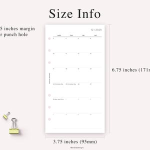 May include: A white planner page with a calendar for December 2025, featuring a 0.5-inch margin for a punch hole. The page measures 6.75 inches (171mm) in height and 3.75 inches (95mm) in width. The text "Size Info" is at the top.