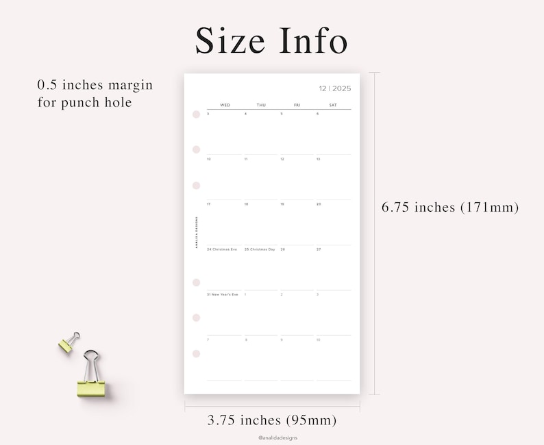 May include: A white planner page with a calendar for December 2025, featuring a 0.5-inch margin for a punch hole. The page measures 6.75 inches (171mm) in height and 3.75 inches (95mm) in width. The text "Size Info" is at the top.