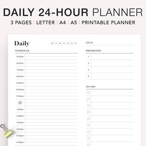 24 Hour Daily Planner Printable, Hourly Planner, Military Time Plan, Time Blocking Template, Work Day Schedule, A5 Planner Inserts