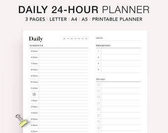 24 Hour Daily Planner Printable, Hourly Planner, Military Time Plan, Time Blocking Template, Work Day Schedule, A5 Planner Inserts