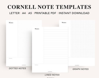 Cornell Notes Template: Dot Grid, Lined, Graph (PDF Instant Download)