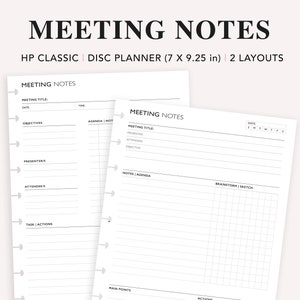 Meeting Notes Planner Insert: HP Classic, Work Organizer (PDF)