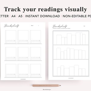 May include: Printable black and white bookshelf tracker for tracking books read. The tracker has a section for rating books and a bookshelf section to visually track books read.