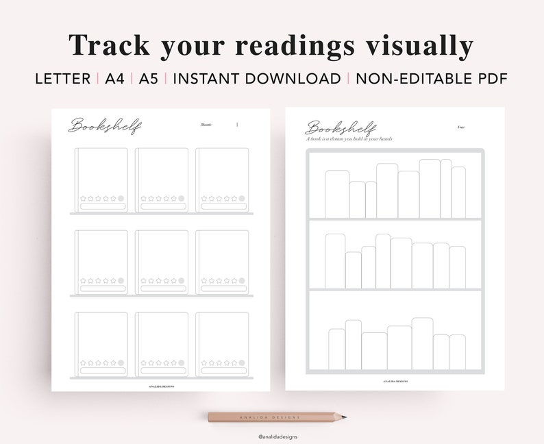 May include: Printable black and white bookshelf tracker for tracking books read. The tracker has a section for rating books and a bookshelf section to visually track books read.