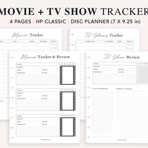 Puede incluir: Un planificador blanco para el seguimiento de películas y series de televisión. Incluye secciones para título, género y calificaciones. El texto "MOVIE + TV SHOW TRACKER" y "4 PAGES HP CLASSIC DISC PLANNER (17.78 x 23.5 cm)" son visibles.