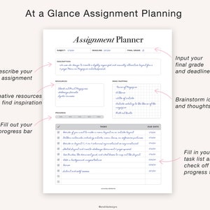 Puede incluir: Un planificador de tareas imprimible con una secci&oacute;n cuadriculada para la creaci&oacute;n de mapas mentales, una lista de verificaci&oacute;n de tareas y una barra de progreso. El texto "At a Glance Assignment Planning" est&aacute; en la parte superior de la p&aacute;gina.