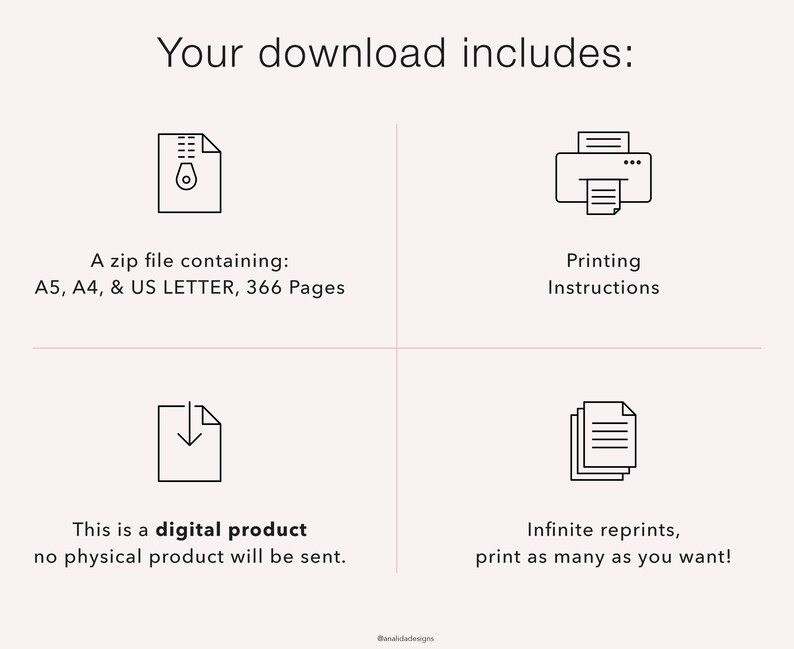 May include: A digital download includes a zip file with printable pages in A5, A4, and US Letter sizes, totaling 366 pages.  Printing instructions are also included.  The download allows for infinite reprints.