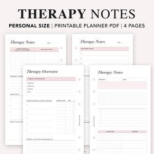 May include: Printable therapy notes planner with four pages. The planner includes sections for therapy session dates, therapist information, topics to discuss, and questions and answers.