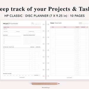 May include: A black and white planner with the text "Keep track of your Projects & Tasks" and "HP CLASSIC | DISC PLANNER (7 X 9.25 in) | 10 PAGES". The planner has two pages, one labeled "PROJECT PLANNER" and the other labeled "TASK TRACKER".