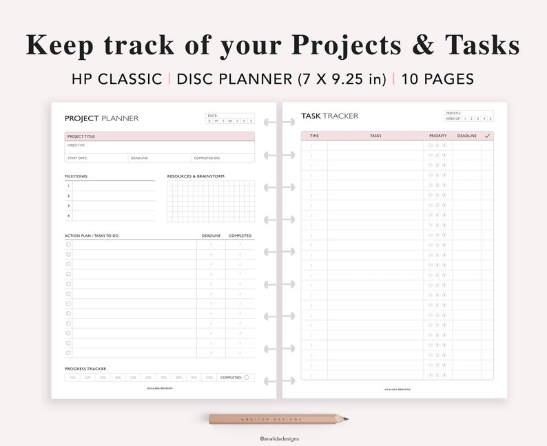May include: A black and white planner with the text "Keep track of your Projects & Tasks" and "HP CLASSIC | DISC PLANNER (7 X 9.25 in) | 10 PAGES". The planner has two pages, one labeled "PROJECT PLANNER" and the other labeled "TASK TRACKER".
