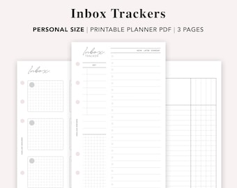 May include: Three printable pages for an inbox tracker planner. The first page has three sections with gridded areas for writing. The second page has a key, a gridded area, and a list with the headings "Now", "Later", and "Someday". The third page has a gridded area.